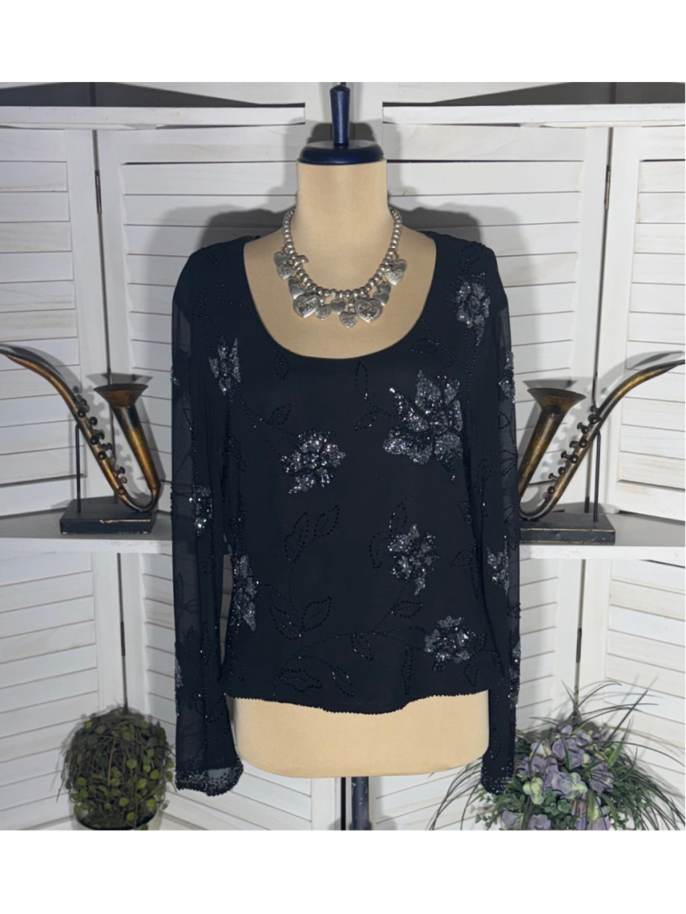 Black beaded blouse floral sheer sleeves cocktail whimsigoth elegant glam Alt L